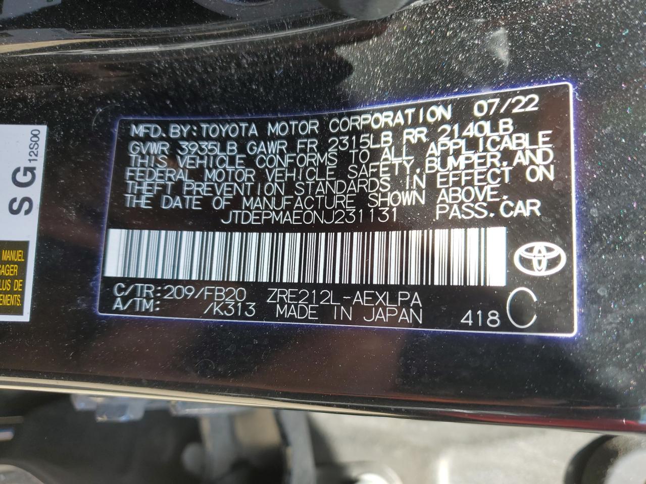 2022 TOYOTA COROLLA LE VIN:JTDEPMAE0NJ231131
