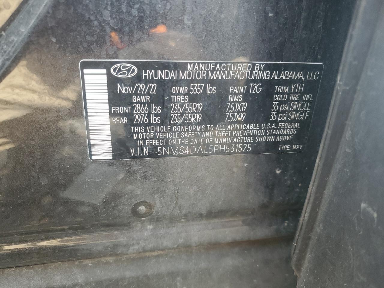 2023 HYUNDAI SANTA FE LIMITED VIN:5NMS4DAL5PH531525