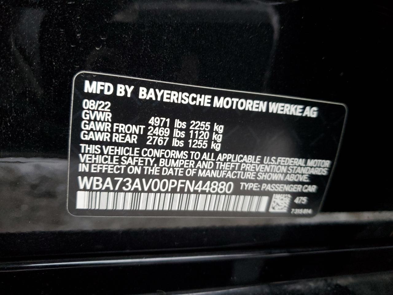 2023 BMW 430XI GRAN COUPE VIN:WBA73AV00PFN44880