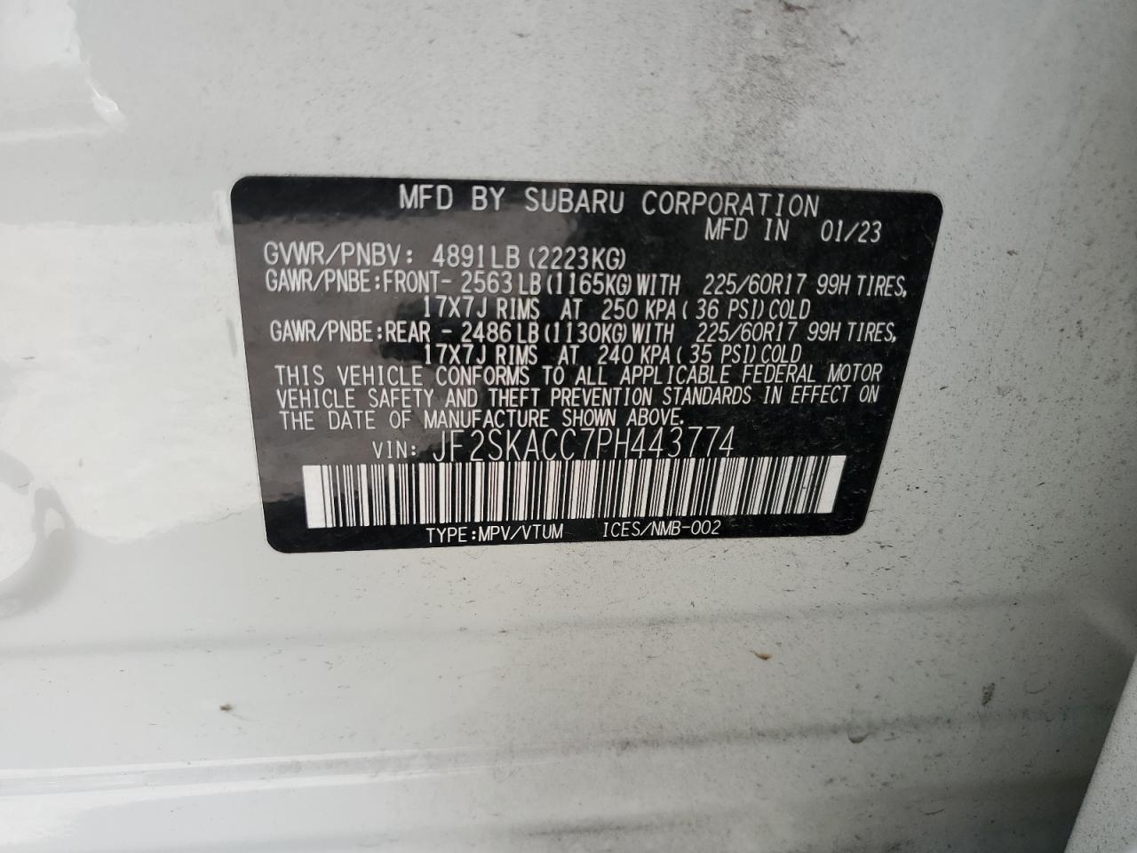 2023 SUBARU FORESTER  VIN:JF2SKACC7PH443774