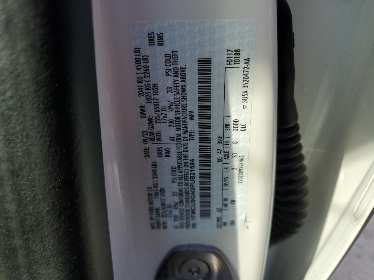 2023 FORD ESCAPE ACTIVE VIN:1FMCU9GN3PUB21594
