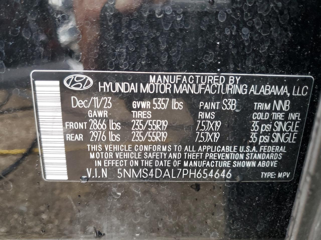 2023 HYUNDAI SANTA FE LIMITED VIN:5NMS4DAL7PH654646