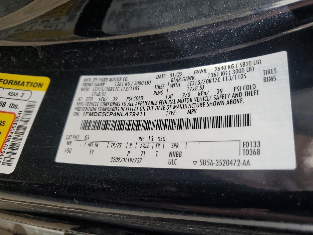 2022 FORD BRONCO BASE VIN:1FMDE5CP4NLA79411