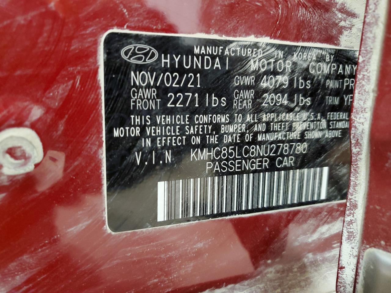 2022 HYUNDAI IONIQ SEL VIN:KMHC85LC8NU278780