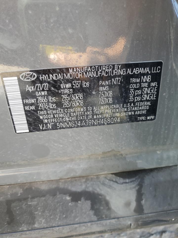 2022 HYUNDAI SANTA FE SEL VIN:5NMS24AJ9NH458094