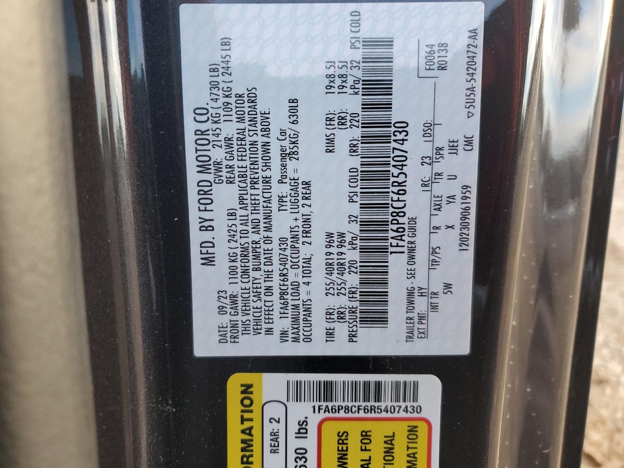 2024 FORD MUSTANG GT VIN:1FA6P8CF6R5407430