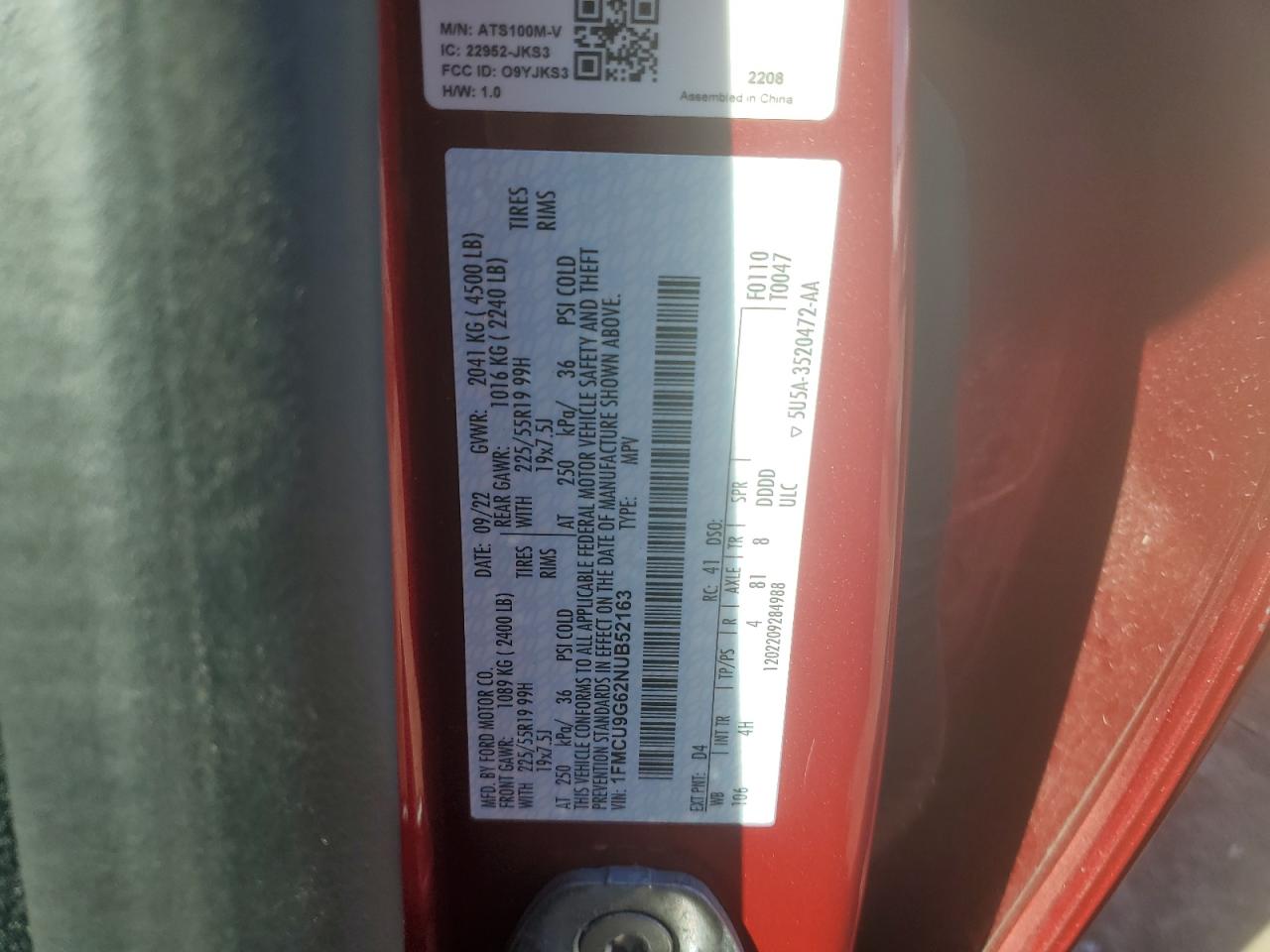 2022 FORD ESCAPE SE VIN:1FMCU9G62NUB52163