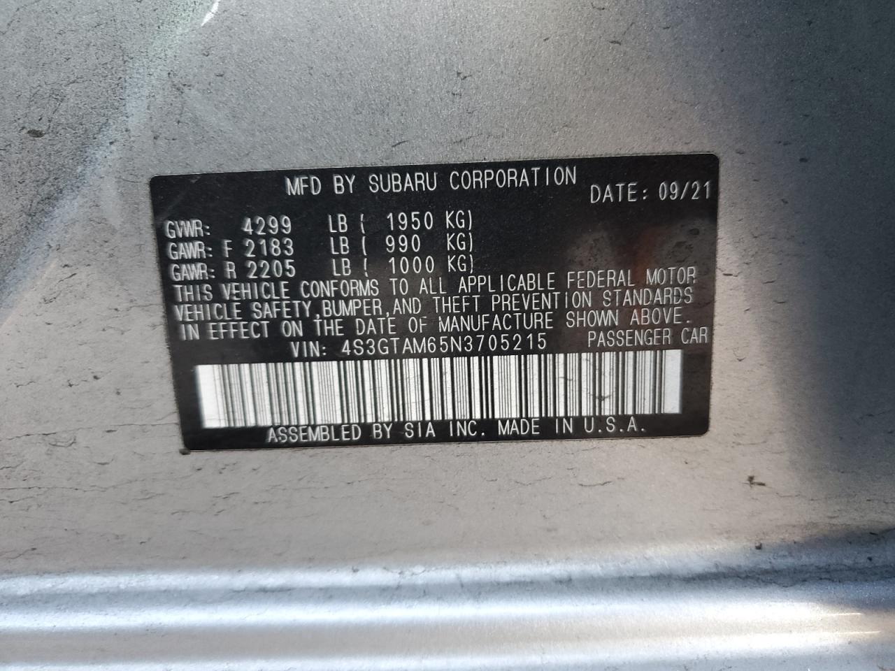 2022 SUBARU IMPREZA SPORT VIN:4S3GTAM65N3705215