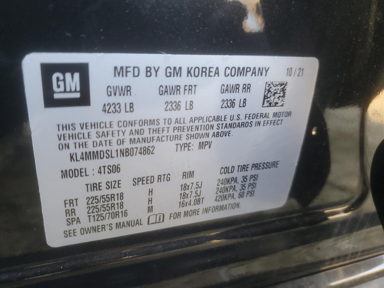 2022 BUICK ENCORE GX SELECT VIN:KL4MMDSL1NB074862