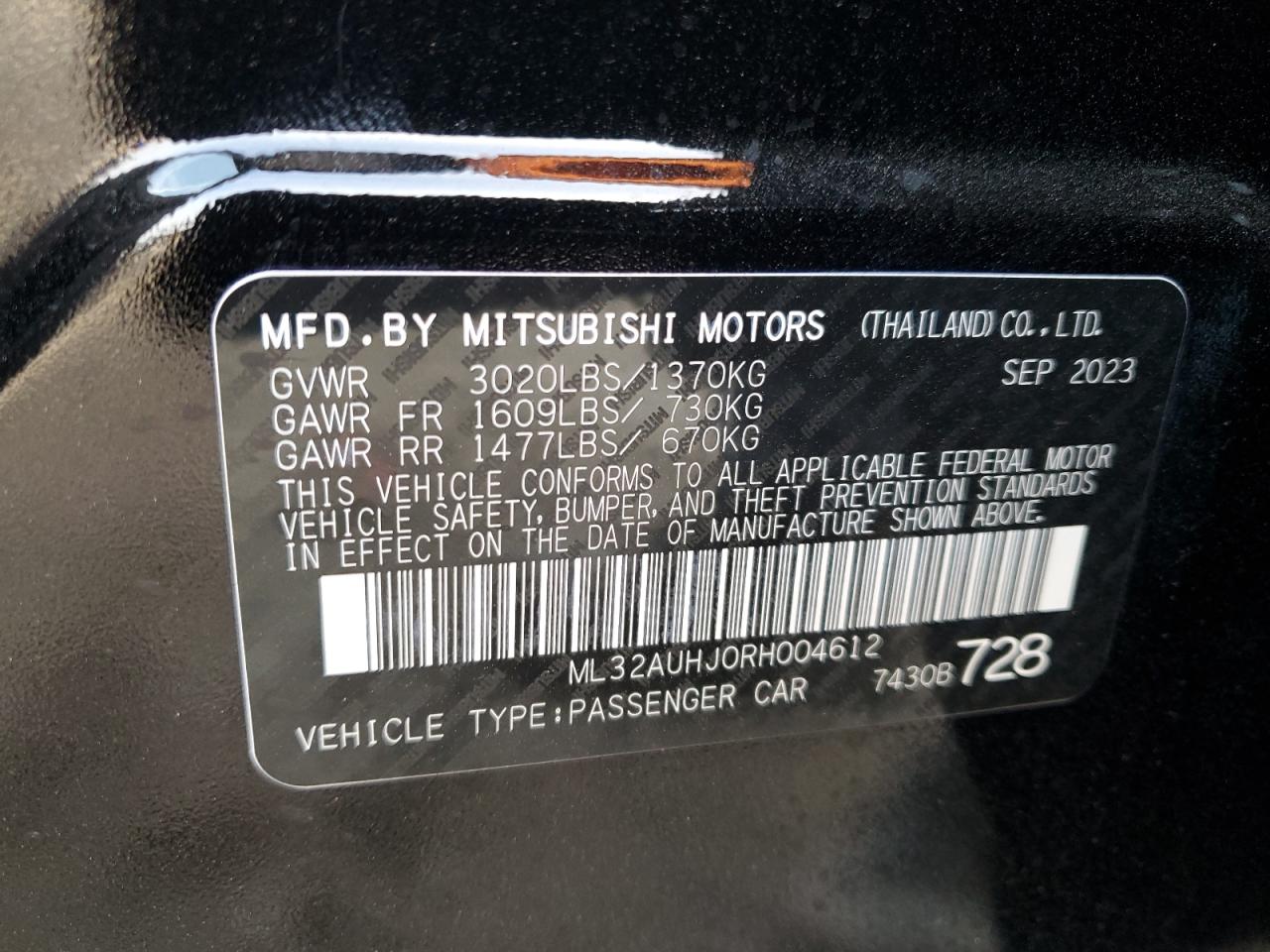 2024 MITSUBISHI MIRAGE ES VIN:ML32AUHJ0RH004612