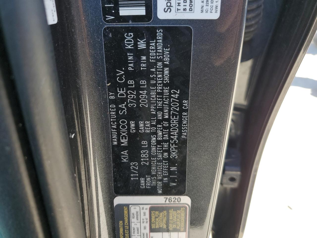 2024 KIA FORTE GT LINE VIN:3KPF54AD3RE720742