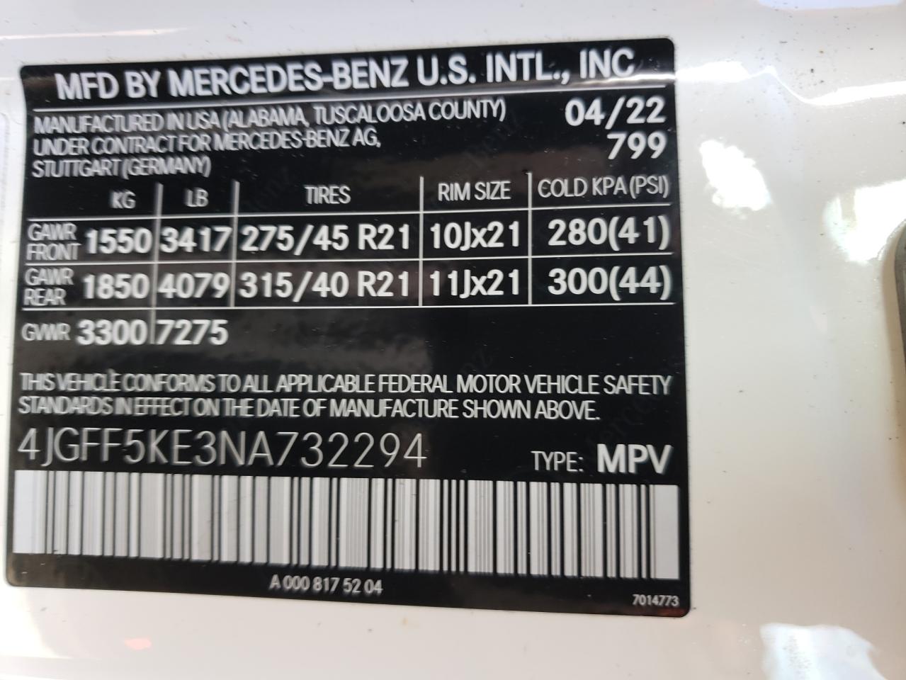 2022 MERCEDES-BENZ GLS 450 4MATIC VIN:4JGFF5KE3NA732294