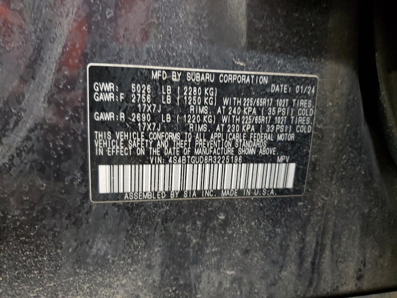 2024 SUBARU OUTBACK WILDERNESS VIN:4S4BTGUD8R3225196