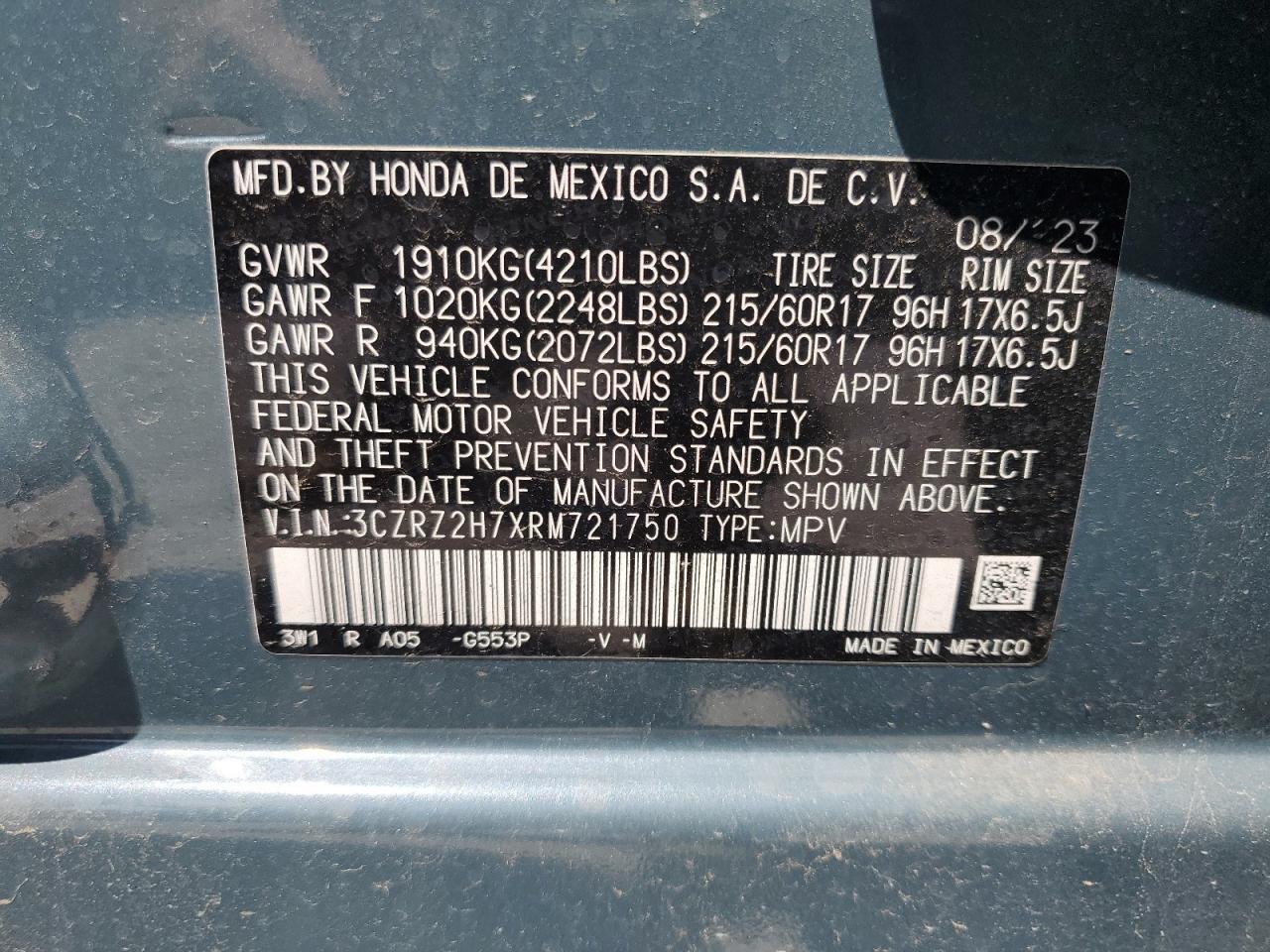 2024 HONDA HR-V EXL VIN:3CZRZ2H7XRM721750