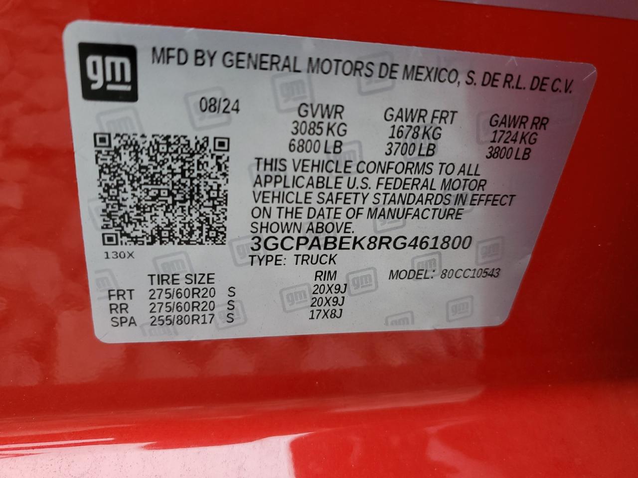 2024 CHEVROLET SILVERADO C1500 CUSTOM VIN:3GCPABEK8RG461800