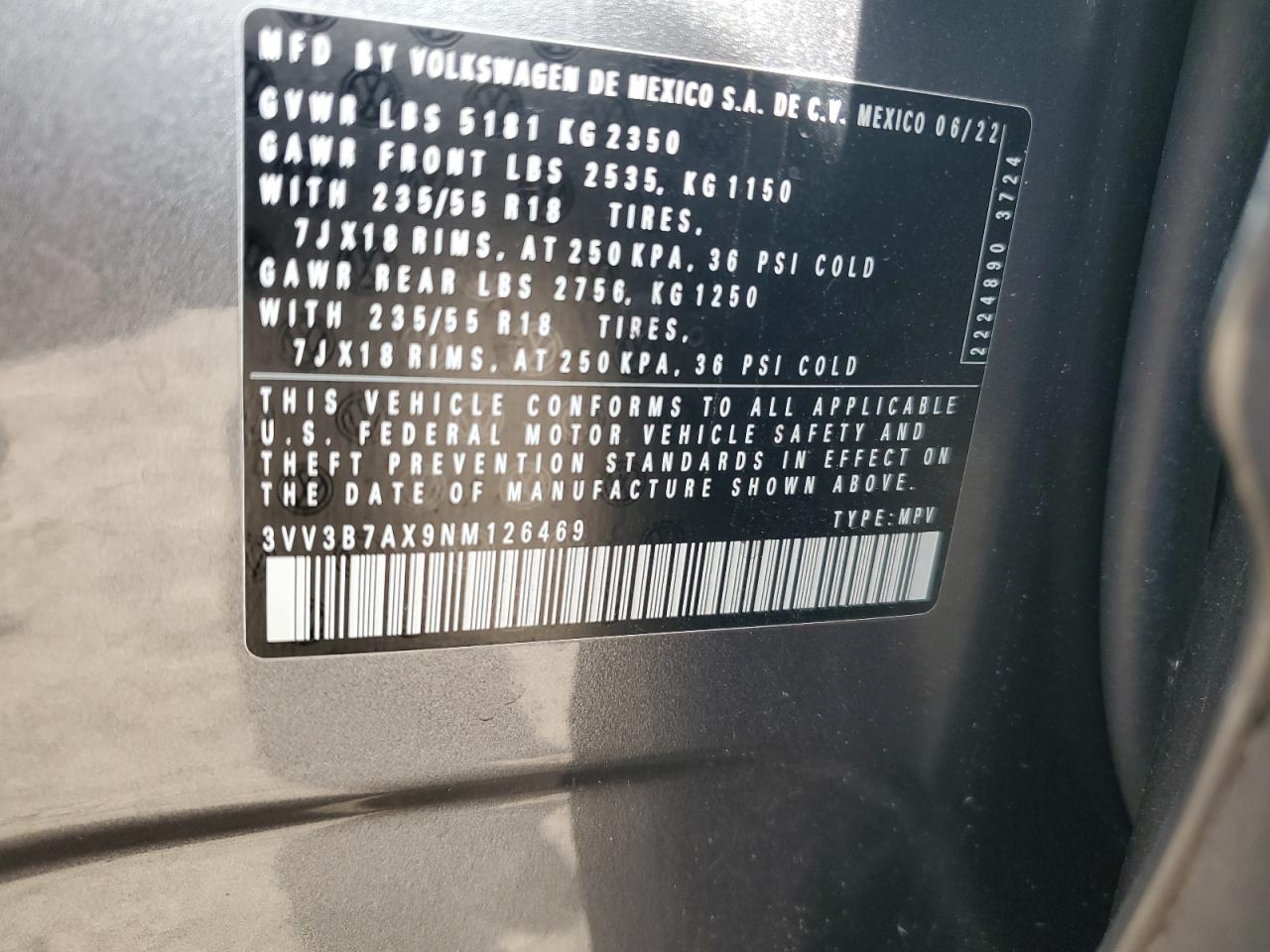 2022 VOLKSWAGEN TIGUAN SE VIN:3VV3B7AX9NM126469