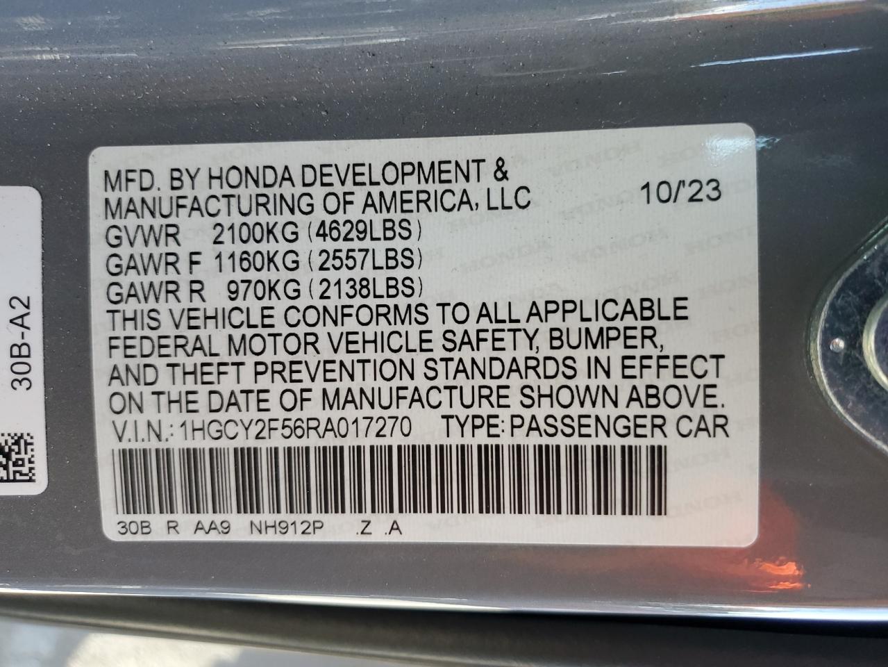 2024 HONDA ACCORD HYBRID SPORT VIN:1HGCY2F56RA017270