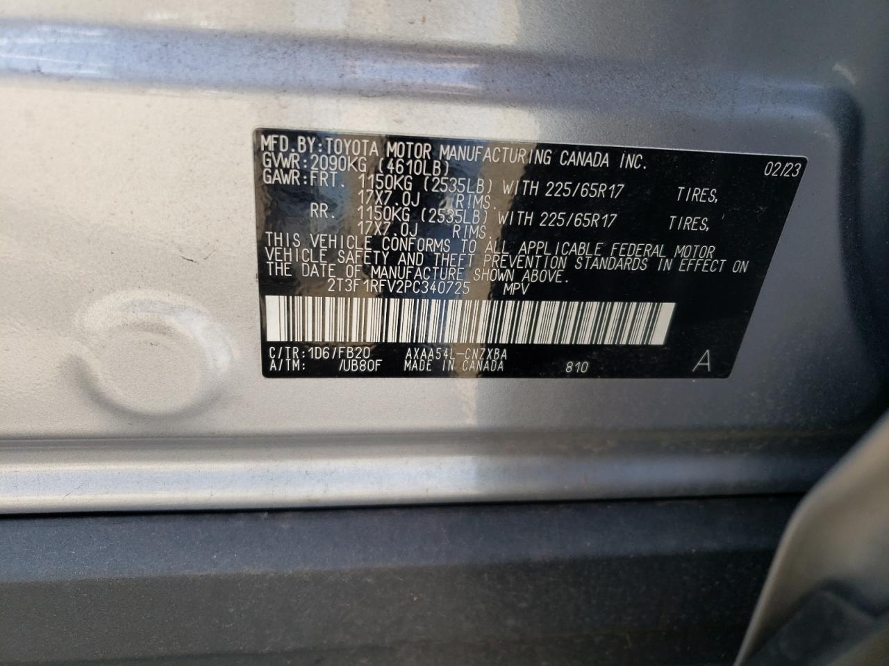 2023 TOYOTA RAV4 LE VIN:2T3F1RFV2PC340725