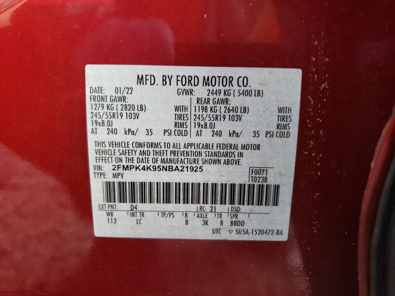 2022 FORD EDGE TITANIUM VIN:2FMPK4K95NBA21925