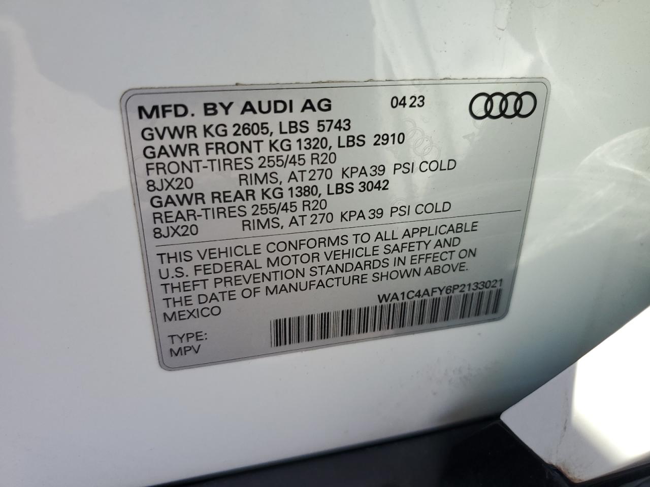 2023 AUDI SQ5 PRESTIGE VIN:WA1C4AFY6P2133021