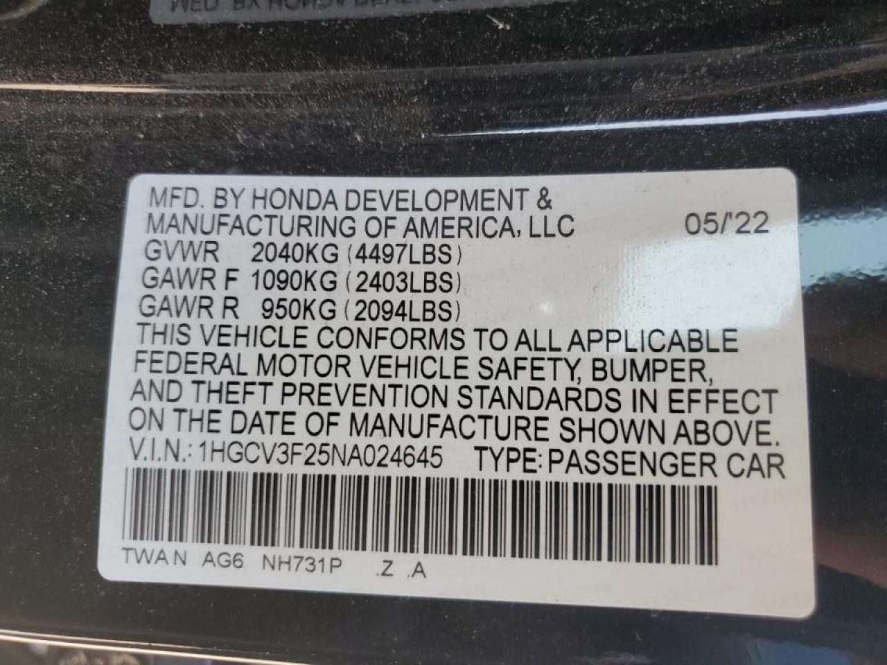 2022 HONDA ACCORD HYBRID SPORT VIN:1HGCV3F25NA024645