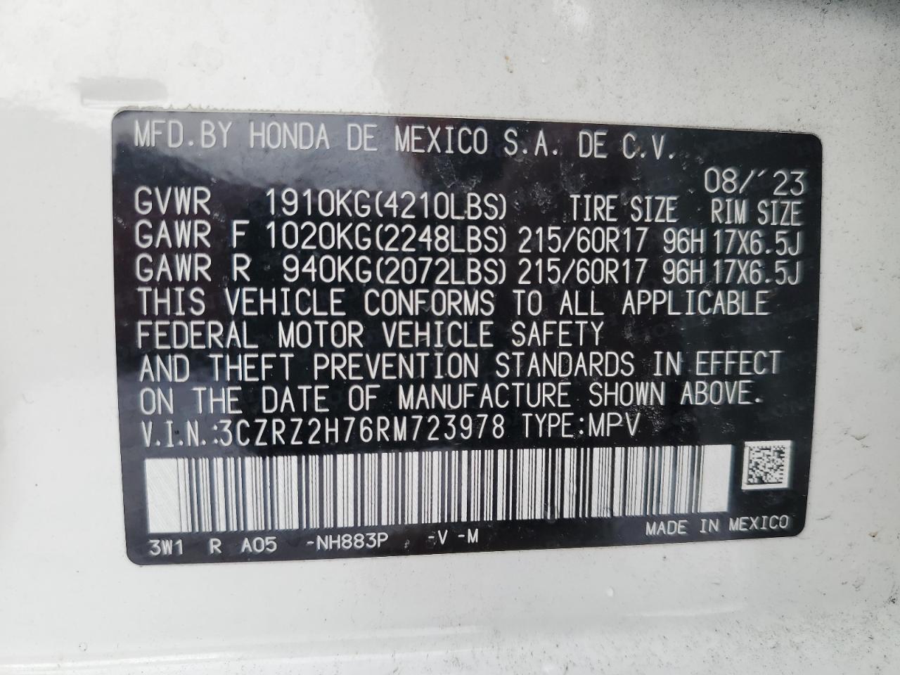 2024 HONDA HR-V EXL VIN:3CZRZ2H76RM723978