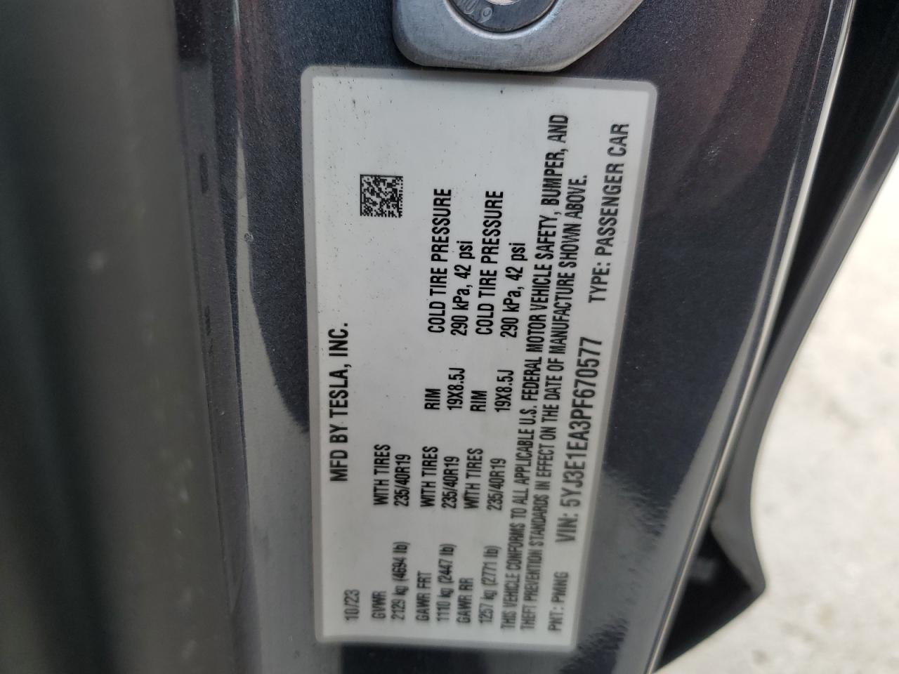 2023 TESLA MODEL 3  VIN:5YJ3E1EA3PF670577