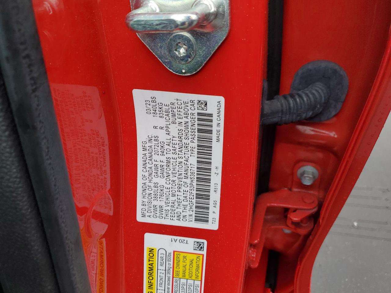 2023 HONDA CIVIC SPORT VIN:2HGFE2F53PH536717