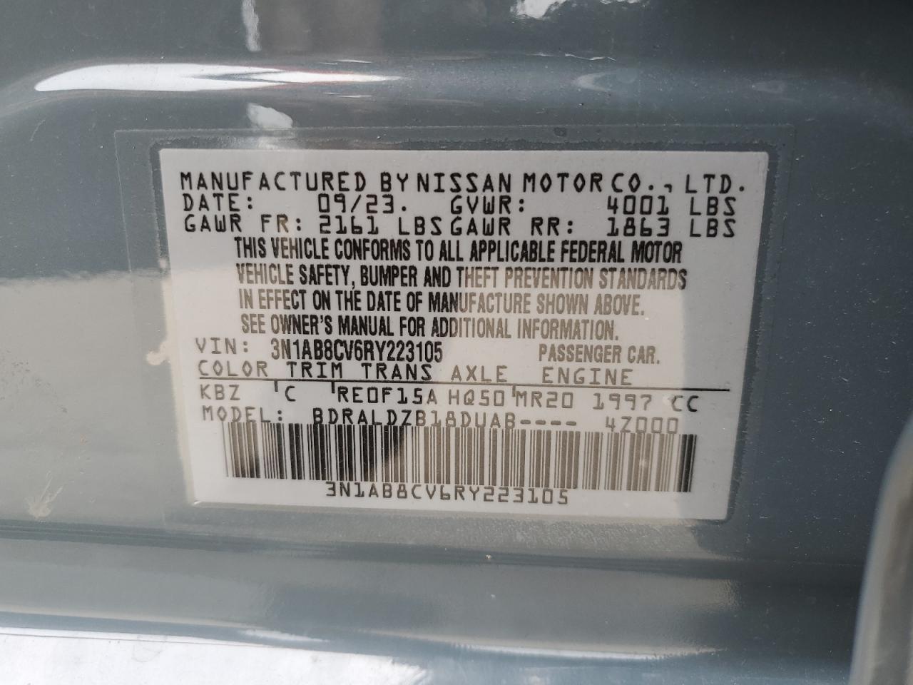 2024 NISSAN SENTRA SV VIN:3N1AB8CV6RY223105