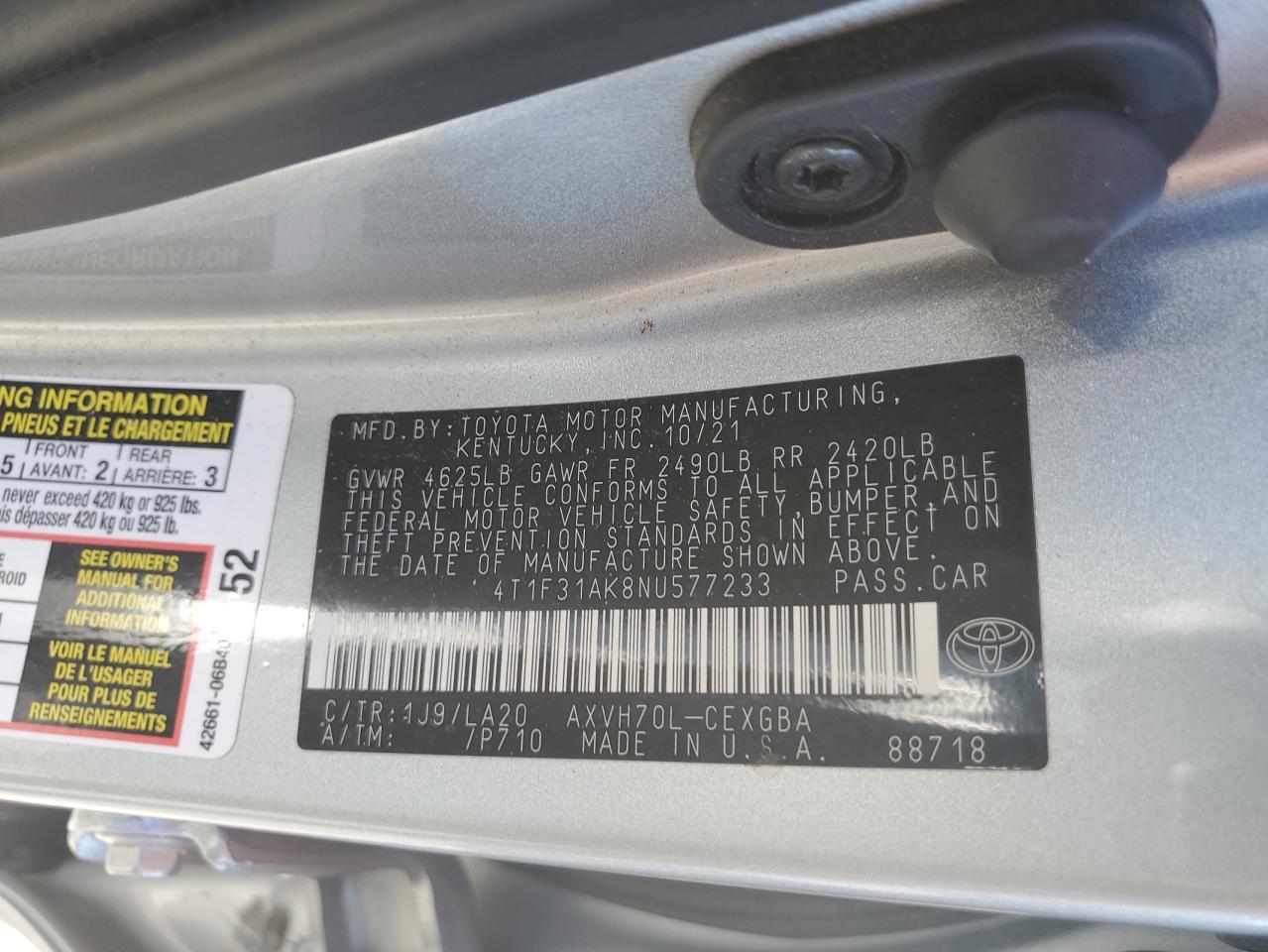 2022 TOYOTA CAMRY XLE VIN:4T1F31AK8NU577233