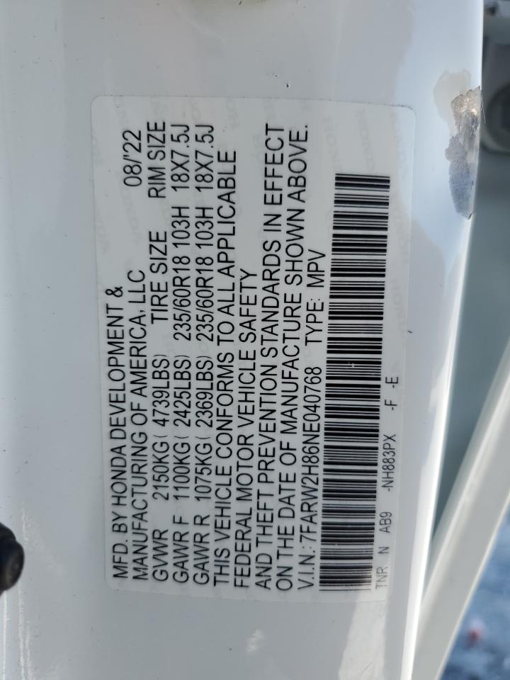 2022 HONDA CR-V EXL VIN:7FARW2H86NE040768