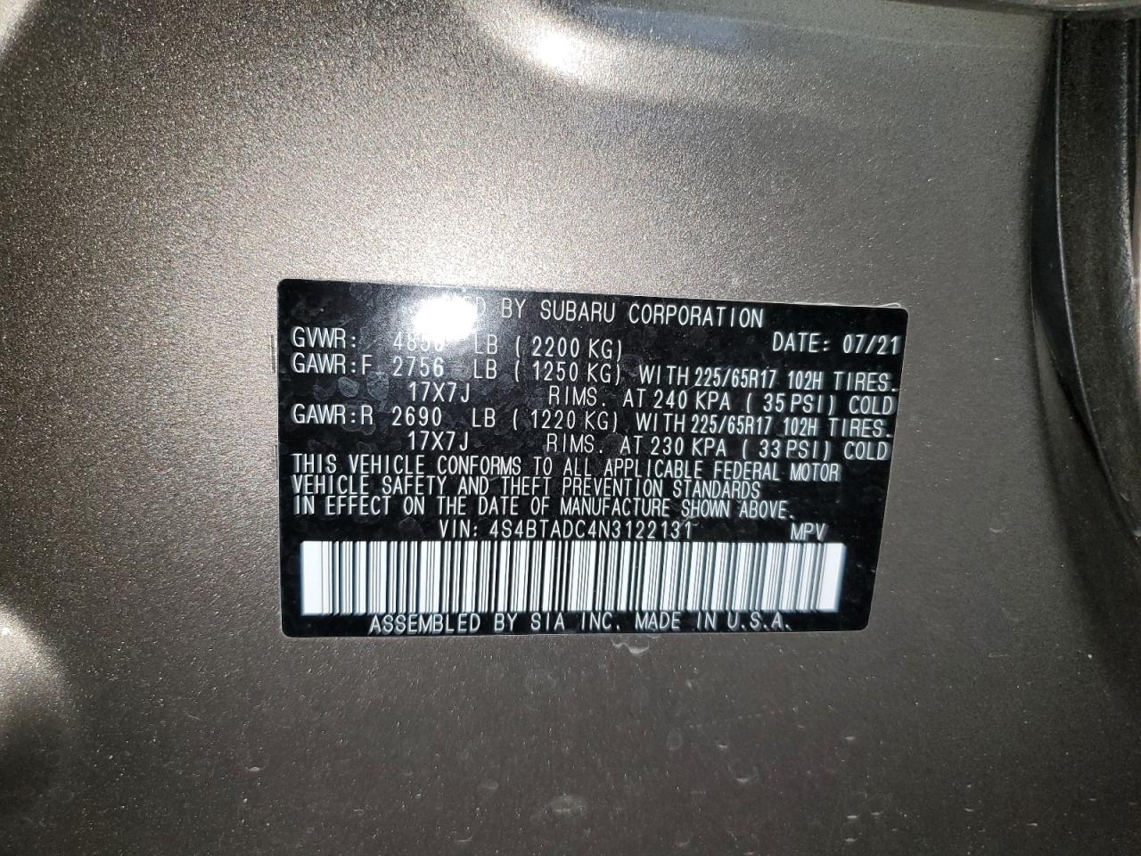 2022 SUBARU OUTBACK PREMIUM VIN:4S4BTADC4N3122131