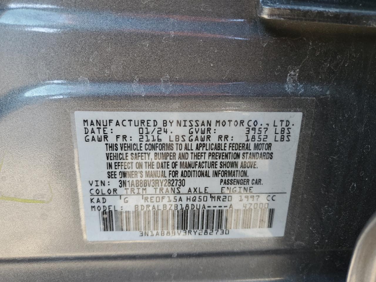 2024 NISSAN SENTRA S VIN:3N1AB8BV3RY282730
