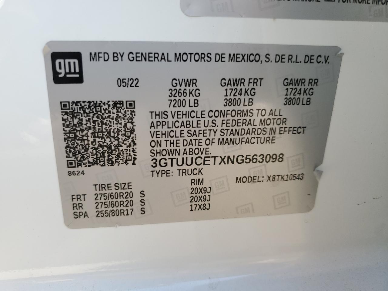 2022 GMC SIERRA K1500 ELEVATION VIN:3GTUUCETXNG563098