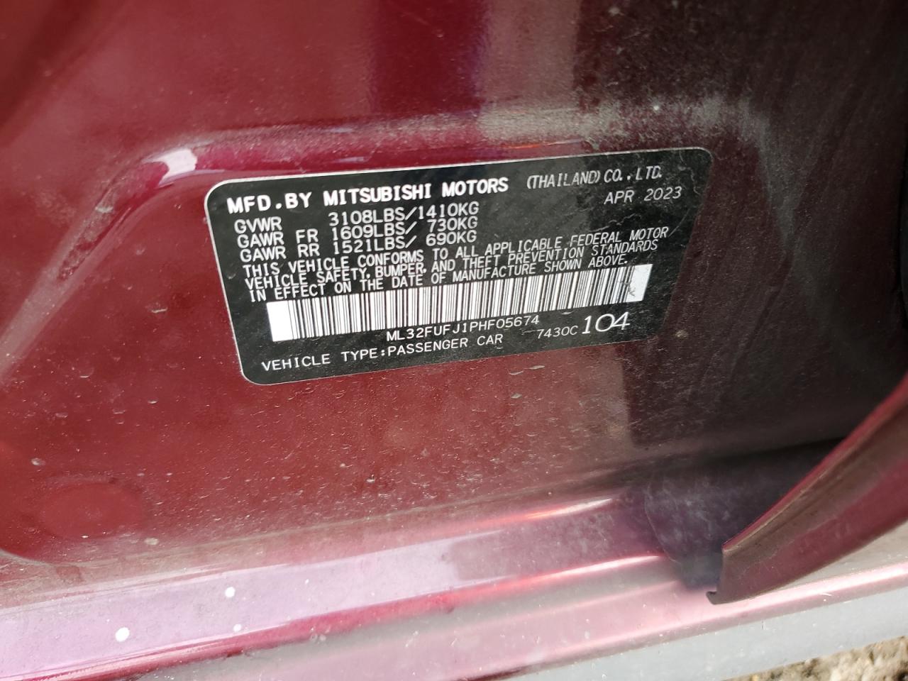 2023 MITSUBISHI MIRAGE G4 ES VIN:ML32FUFJ1PHF05674