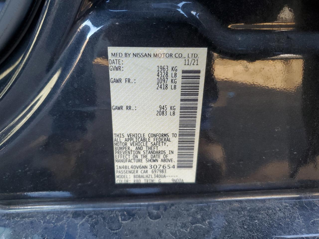 2022 NISSAN ALTIMA SV VIN:1N4BL4DV6NN307654