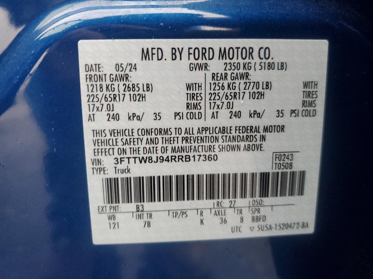 2024 FORD MAVERICK XLT VIN:3FTTW8J94RRB17360