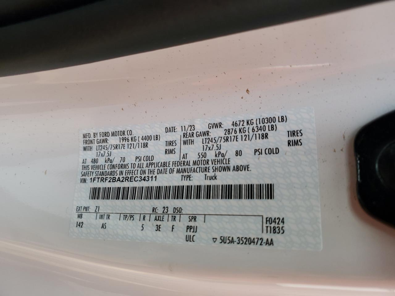 2024 FORD F250 SUPER DUTY VIN:1FTRF2BA2REC34311