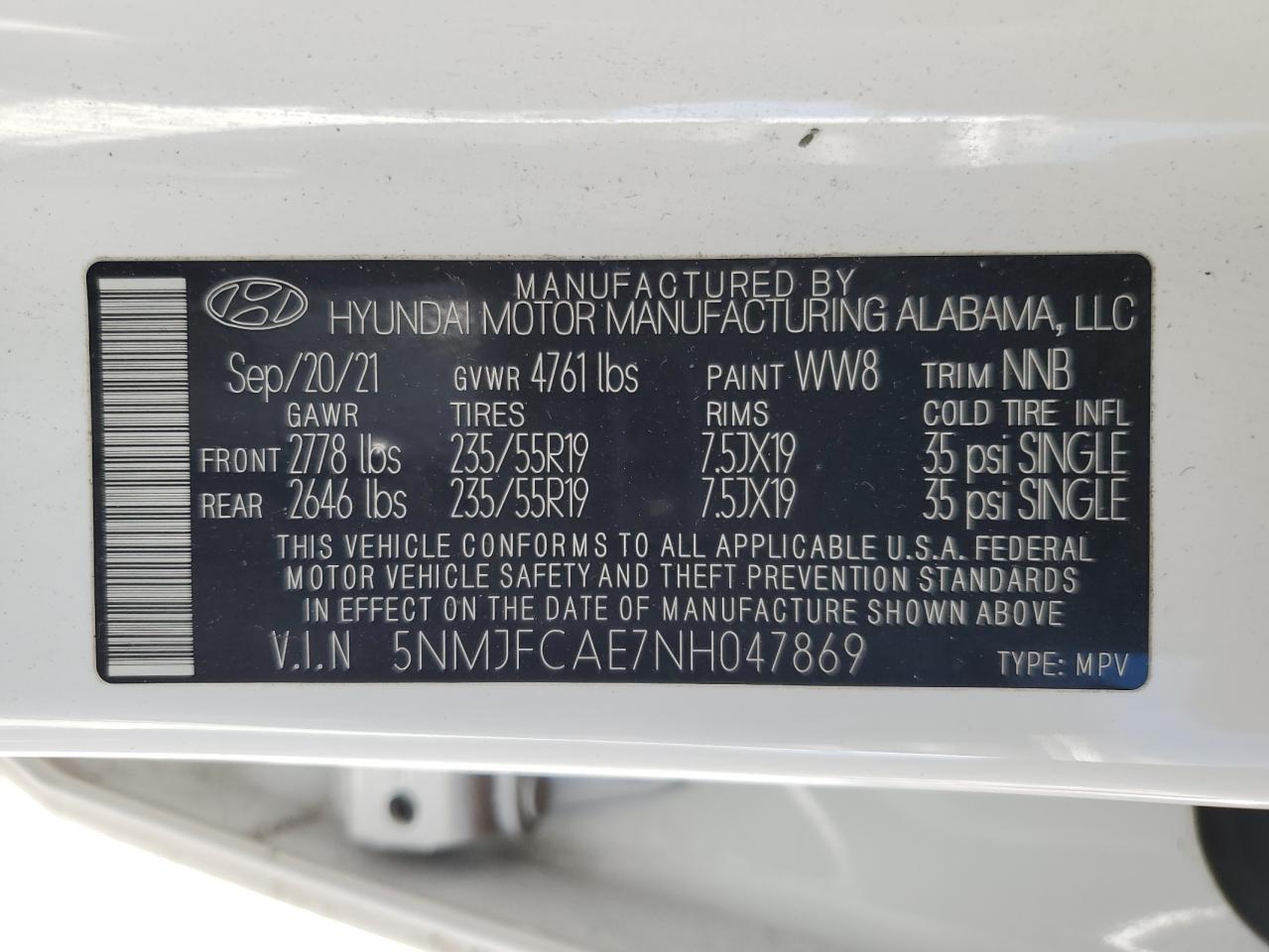 2022 HYUNDAI TUCSON SEL VIN:5NMJFCAE7NH047869