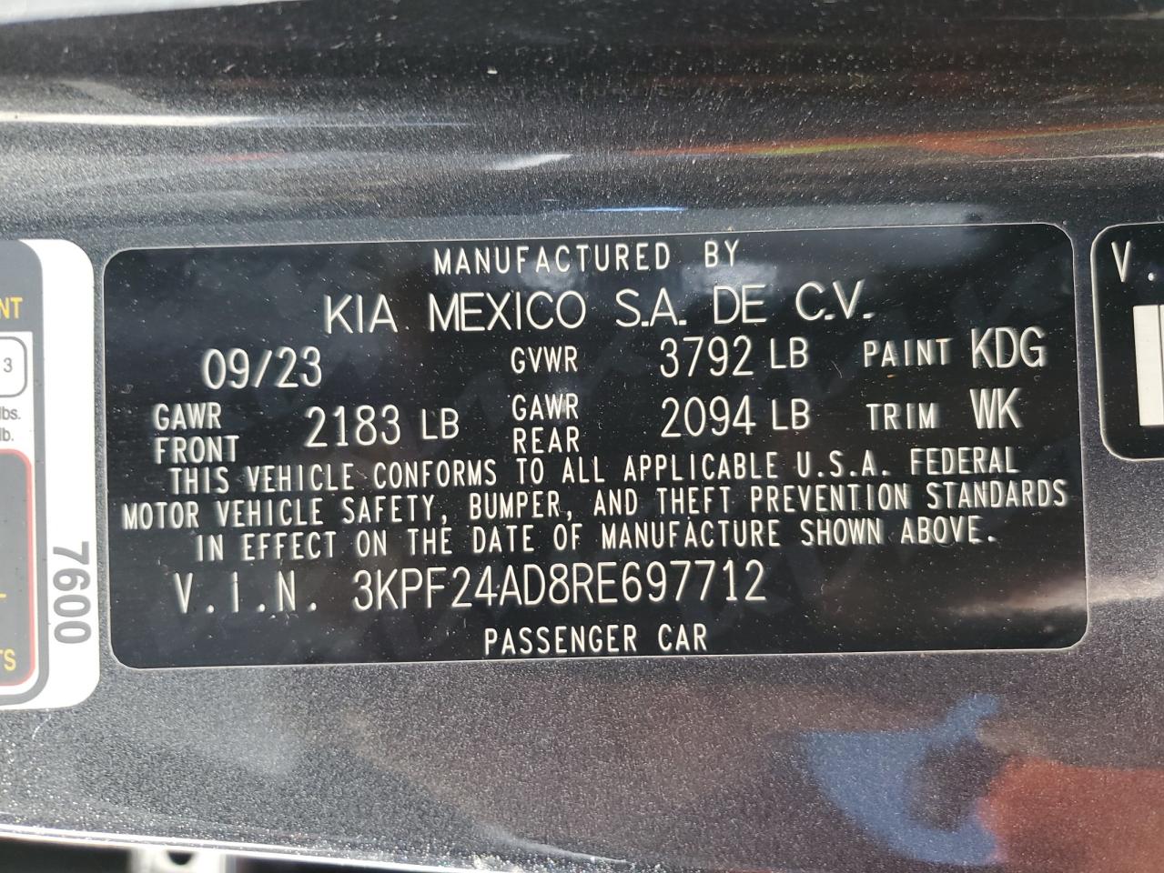 2024 KIA FORTE LX VIN:3KPF24AD8RE697712