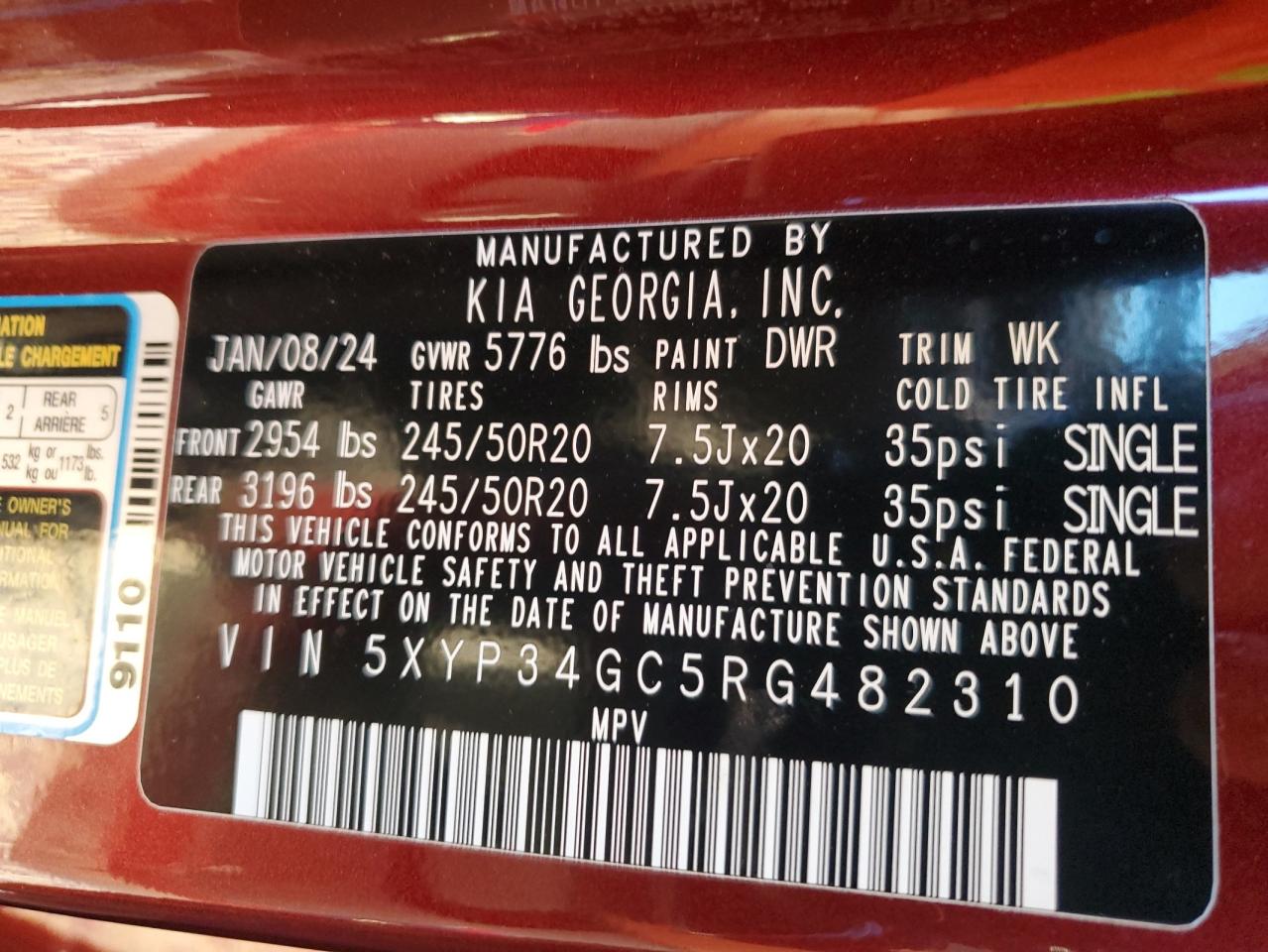 2024 KIA TELLURIDE EX VIN:5XYP34GC5RG482310