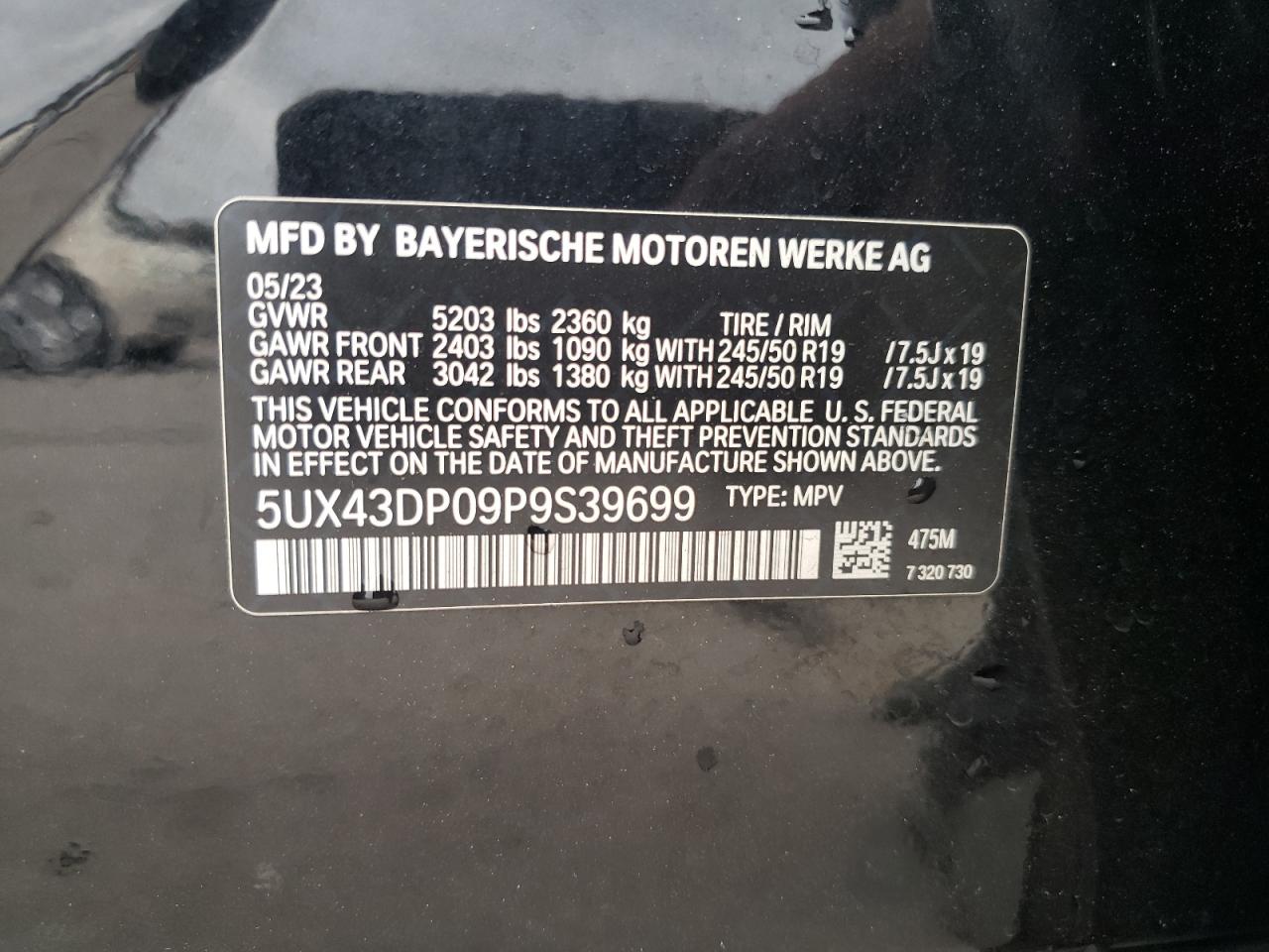 2023 BMW X3 SDRIVE30I VIN:5UX43DP09P9S39699