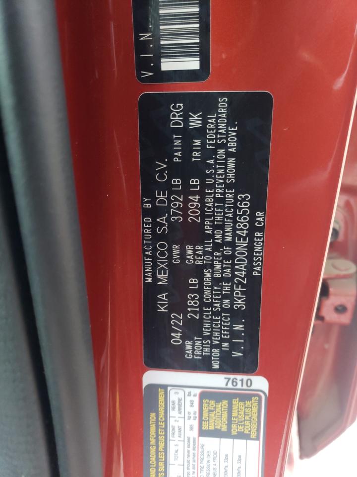 2022 KIA FORTE FE VIN:3KPF24AD0NE486563