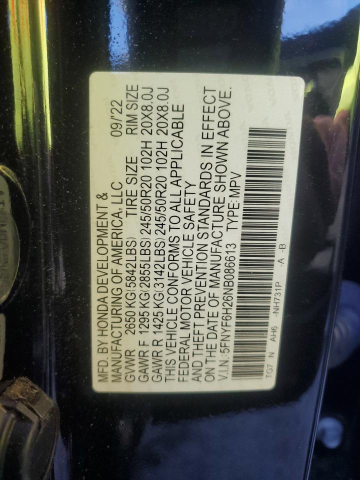 2022 HONDA PILOT SE VIN:5FNYF6H26NB086613