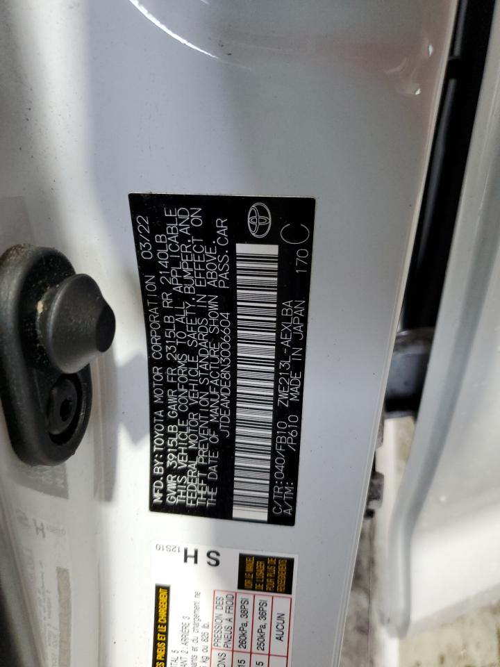 2022 TOYOTA COROLLA LE VIN:JTDEAMDE8N3006604