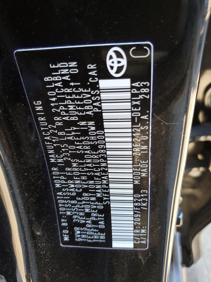 2022 TOYOTA COROLLA LE VIN:5YFEPMAE2NP389000