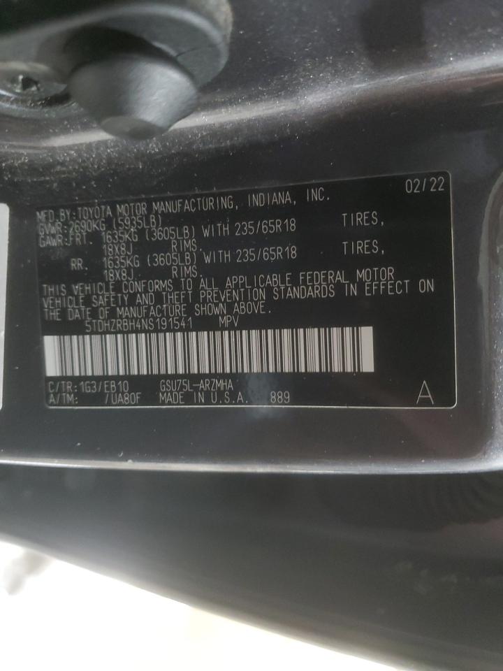 2022 TOYOTA HIGHLANDER XLE VIN:5TDHZRBH4NS191541