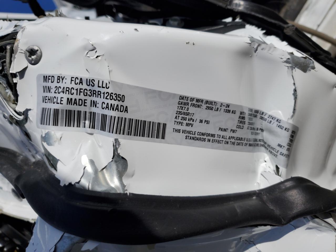 2024 CHRYSLER PACIFICA TOURING VIN:2C4RC1FG3RR126350