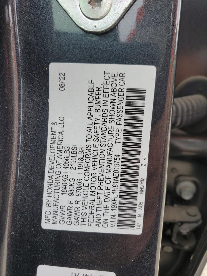 2022 HONDA CIVIC SPORT TOURING VIN:19XFL1H81NE019754