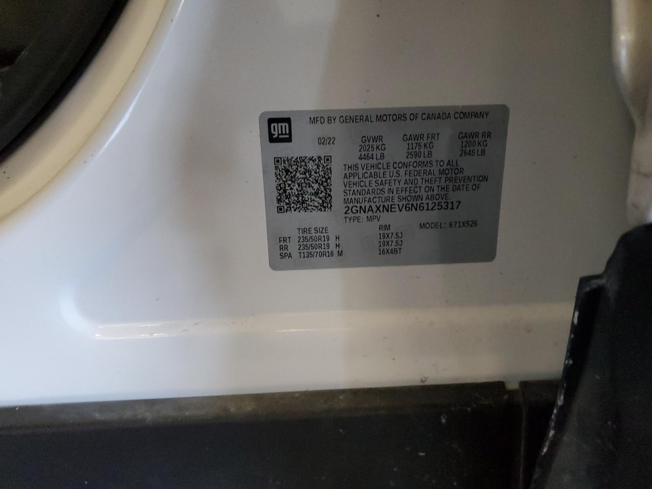 2022 CHEVROLET EQUINOX PREMIER VIN:2GNAXNEV6N6125317